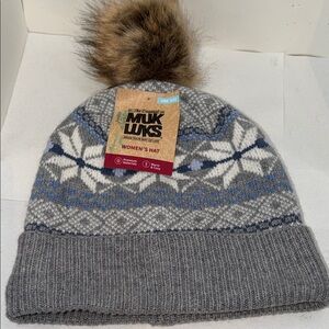 Brand New Muk Luks Women's Gray and Blue Knit Beanie with Faux Fur Pom